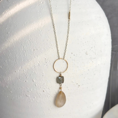 Golden Light Lariat - Sterling Silver Labradorite & Rutilated Quartz Lariat Necklace
