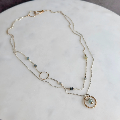 Serene Harmony - Layered Moss Aquamarine Sterling Silver and Gold Hoop Necklace