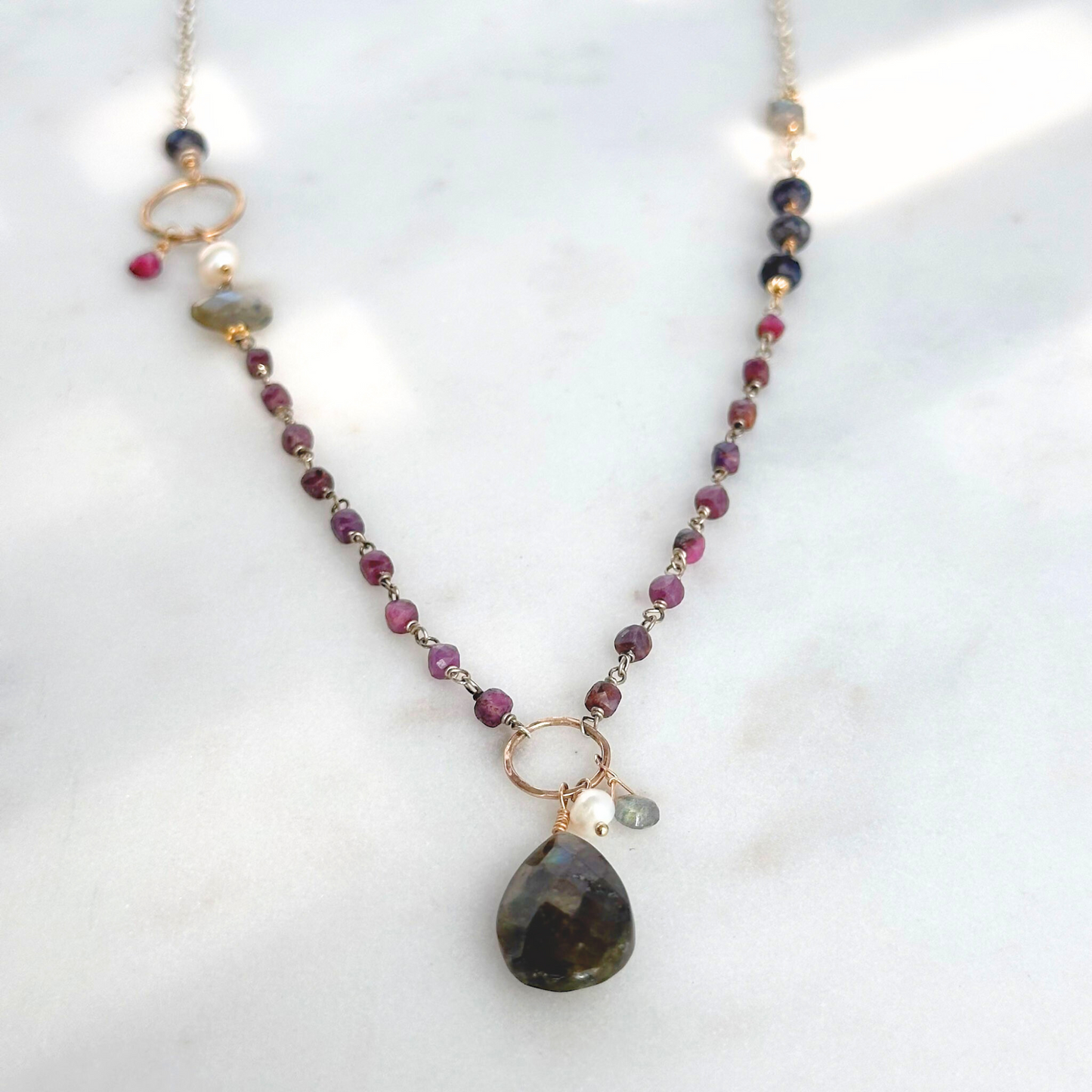 Midnight in Bloom - Beaded Asymmetric Sterling Silver, Ruby and Labroadorite Necklace