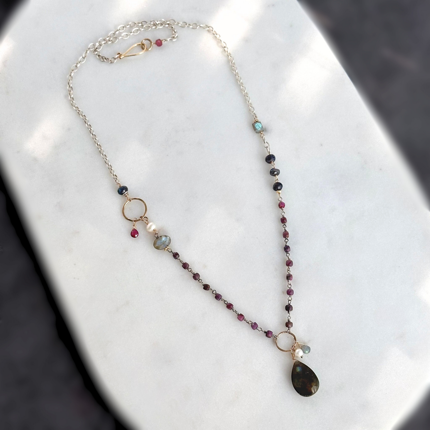 Midnight in Bloom - Beaded Asymmetric Sterling Silver, Ruby and Labroadorite Necklace