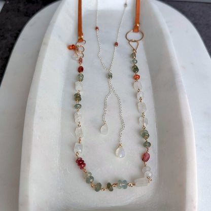 Light of the Moon | Sterling Silver & Gold Lariat with Pink Sapphire and Moss Aquamarine
