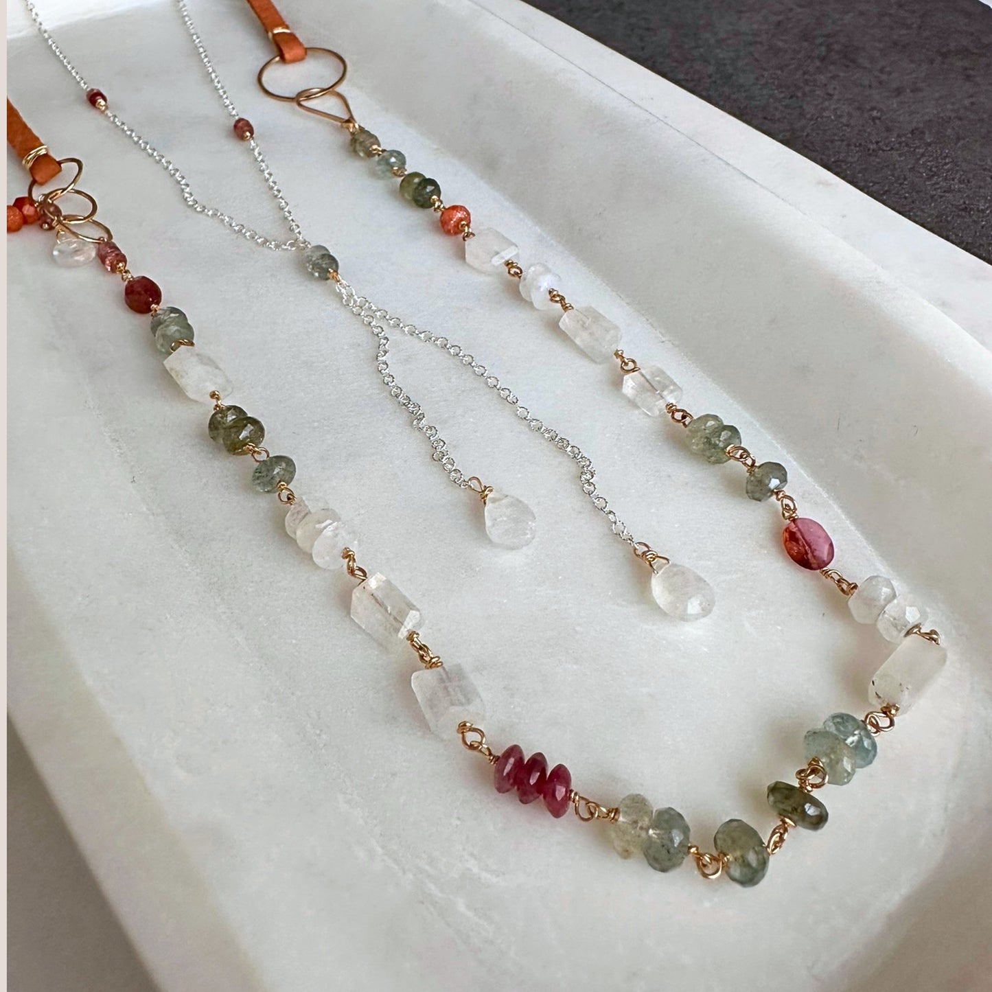 Light of the Moon | Sterling Silver & Gold Lariat with Pink Sapphire and Moss Aquamarine