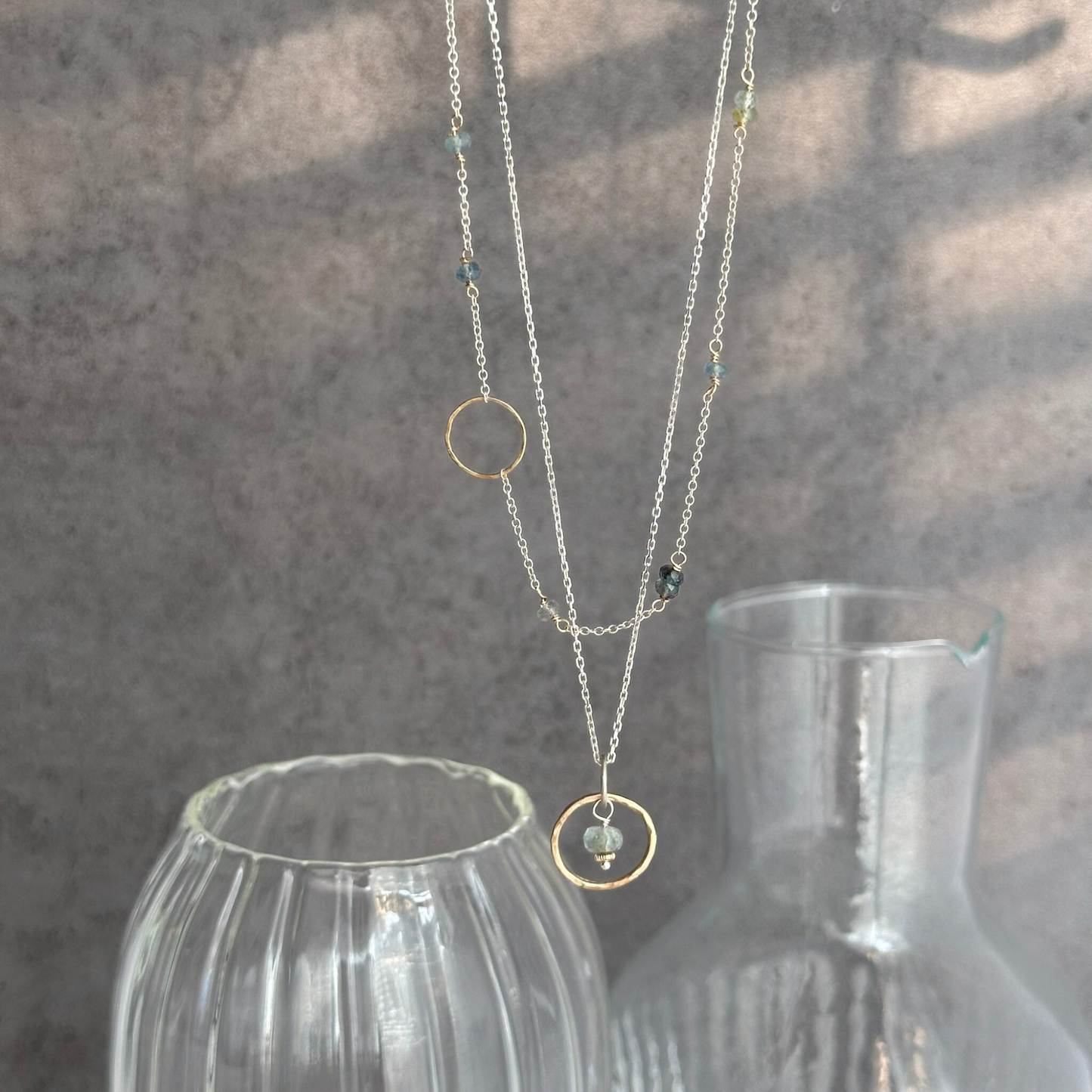 Serene Harmony - Layered Moss Aquamarine Sterling Silver and Gold Hoop Necklace