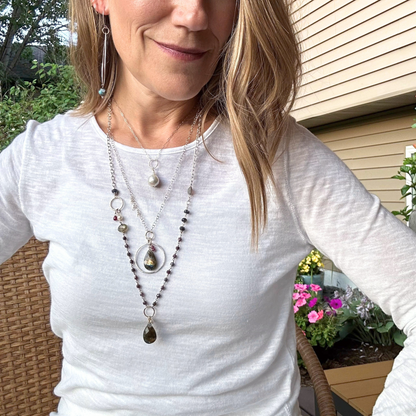 Midnight in Bloom - Beaded Asymmetric Sterling Silver, Ruby and Labroadorite Necklace