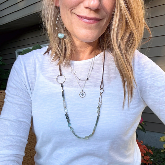 Serene Harmony - Layered Moss Aquamarine Sterling Silver and Gold Hoop Necklace