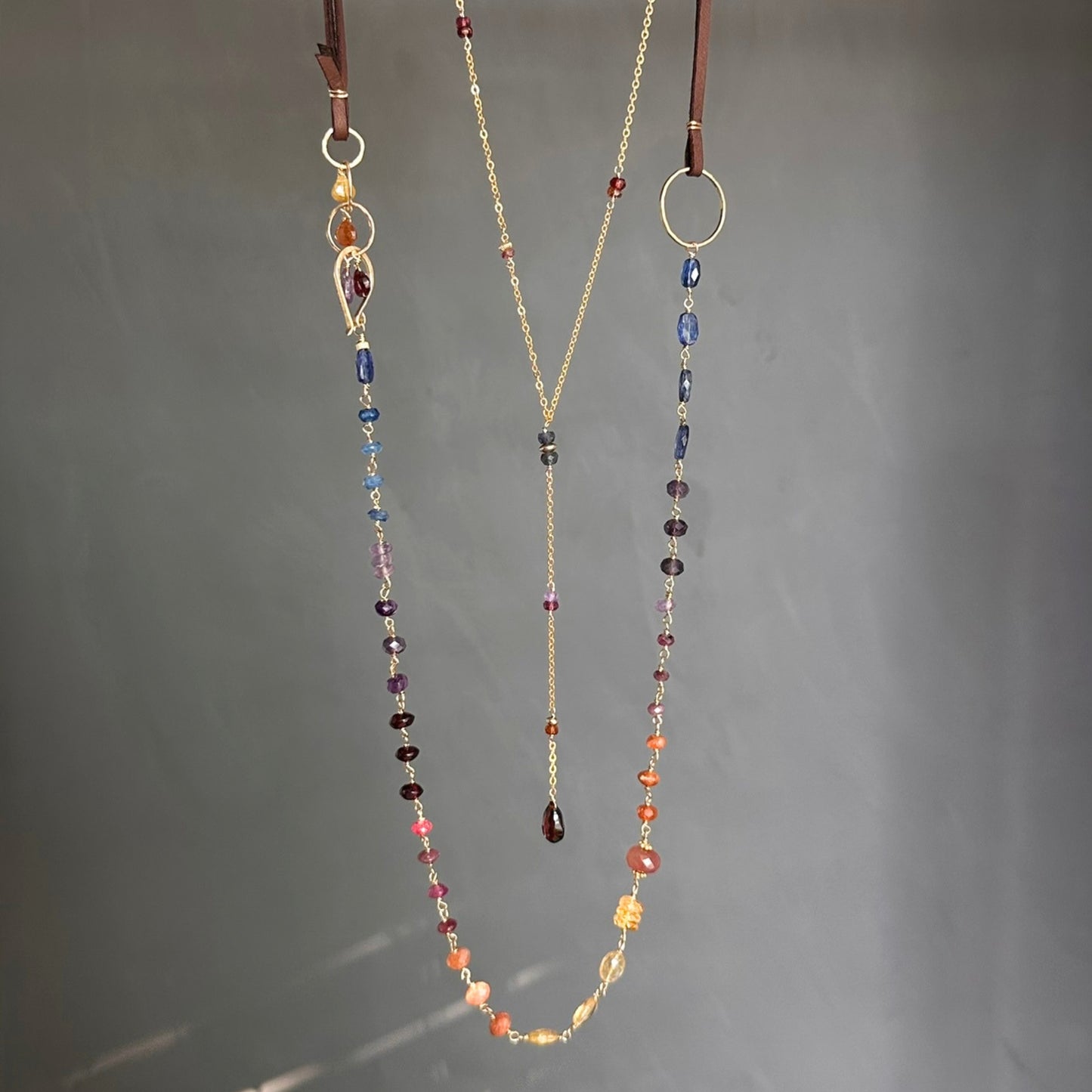 Beautiful Human | Boho Leather with Kyanite, Amethyst, Pink Tourmaline & Sunstone Necklace