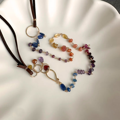 Beautiful Human | Boho Leather with Kyanite, Amethyst, Pink Tourmaline & Sunstone Necklace