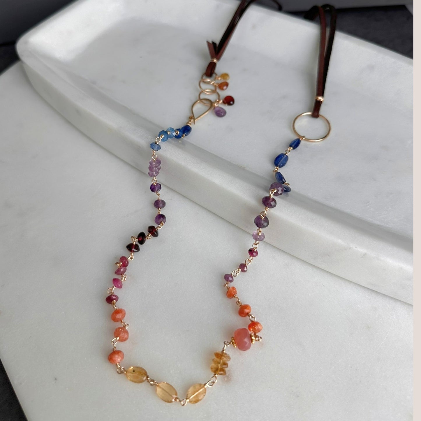 Beautiful Human | Boho Leather with Kyanite, Amethyst, Pink Tourmaline & Sunstone Necklace