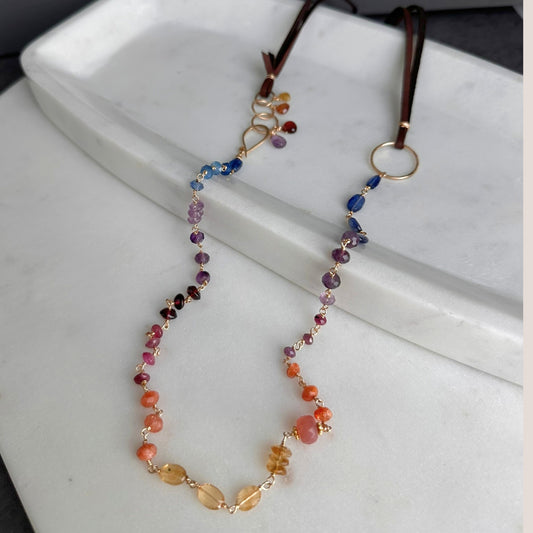 Beautiful Human | Boho Leather with Kyanite, Amethyst, Pink Tourmaline & Sunstone Necklace