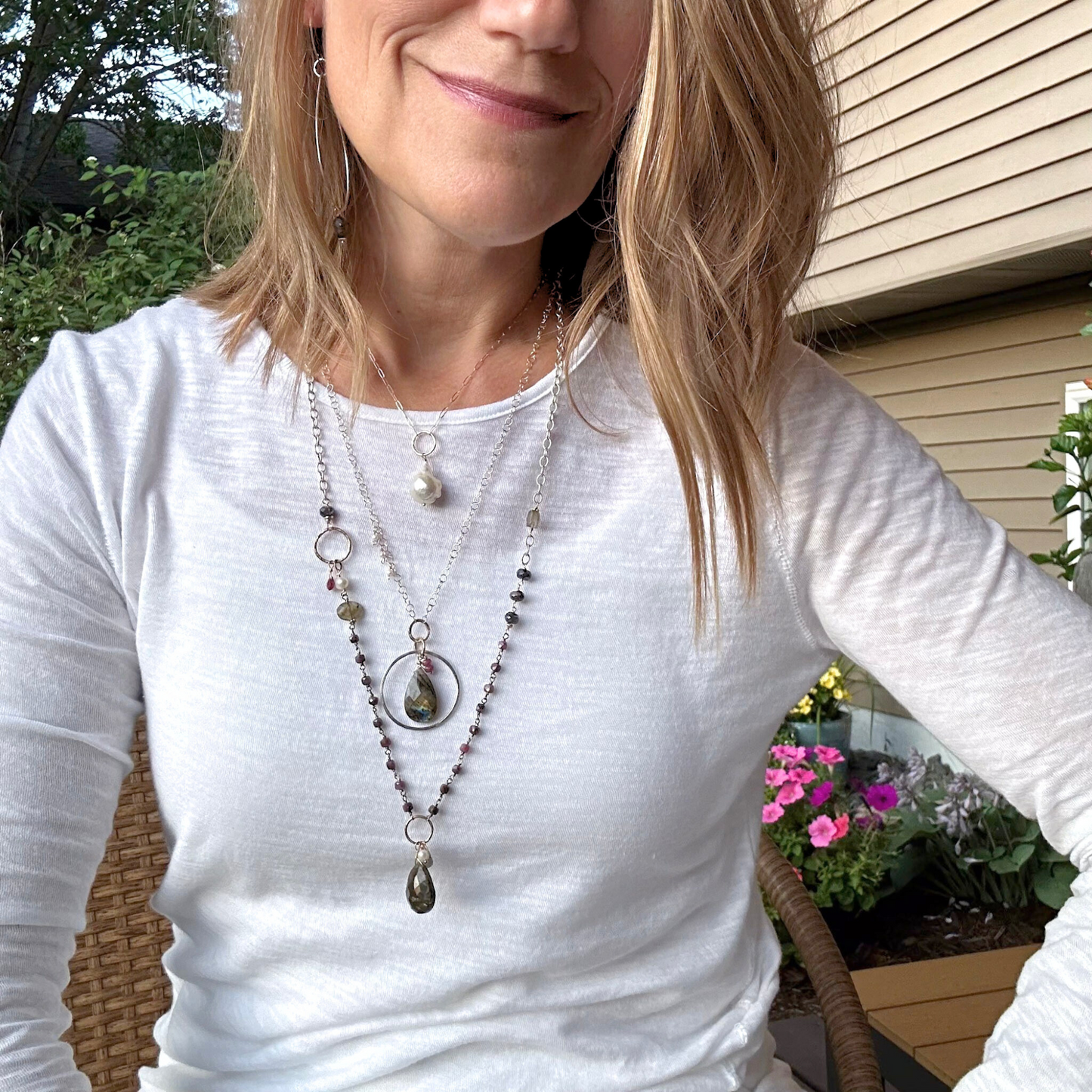 Midnight in Bloom - Beaded Asymmetric Sterling Silver, Ruby and Labroadorite Necklace