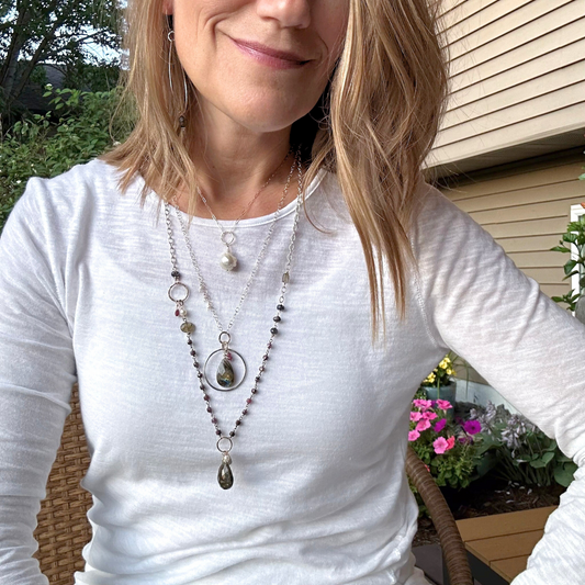 Midnight in Bloom - Beaded Asymmetric Sterling Silver, Ruby and Labroadorite Necklace