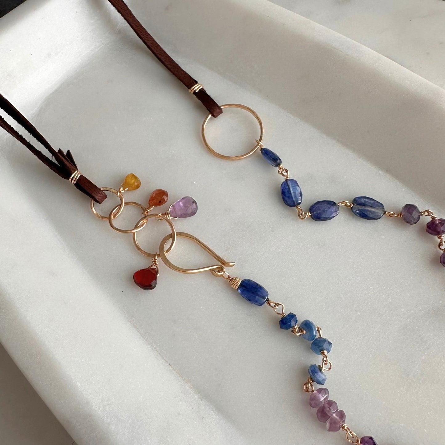 Beautiful Human | Boho Leather with Kyanite, Amethyst, Pink Tourmaline & Sunstone Necklace
