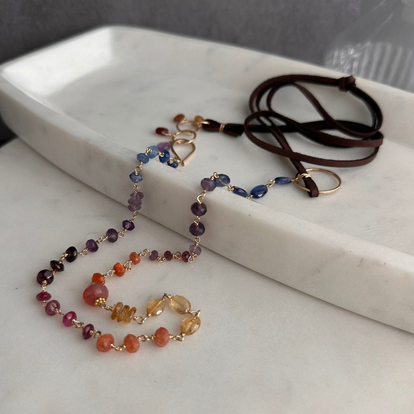 Beautiful Human | Boho Leather with Kyanite, Amethyst, Pink Tourmaline & Sunstone Necklace