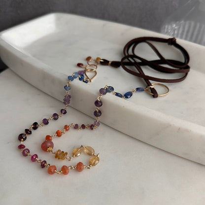 Beautiful Human | Boho Leather with Kyanite, Amethyst, Pink Tourmaline & Sunstone Necklace