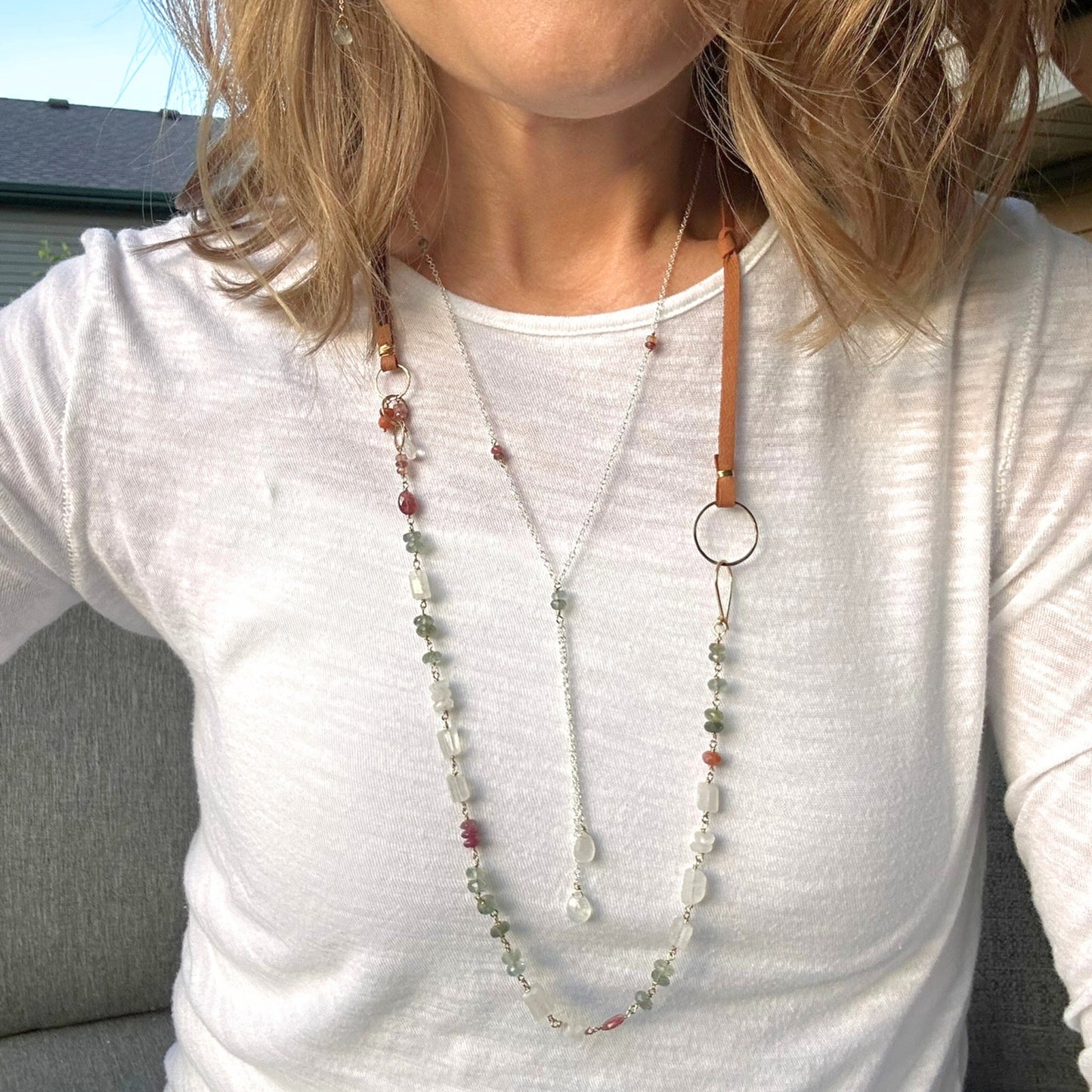 Light of the Moon | Sterling Silver & Gold Lariat with Pink Sapphire and Moss Aquamarine