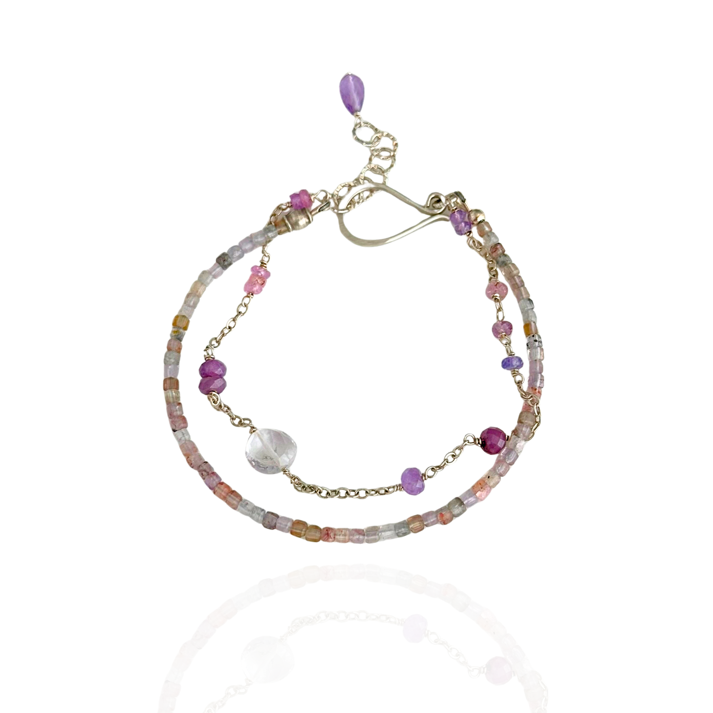Heart Calm – Pink Sapphire, Amethyst, Ruby & Auralite Sterling Silver Double-Strand Bracelet