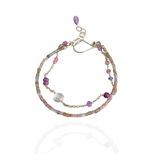 Heart Calm – Pink Sapphire, Amethyst, Ruby & Auralite Sterling Silver Double-Strand Bracelet