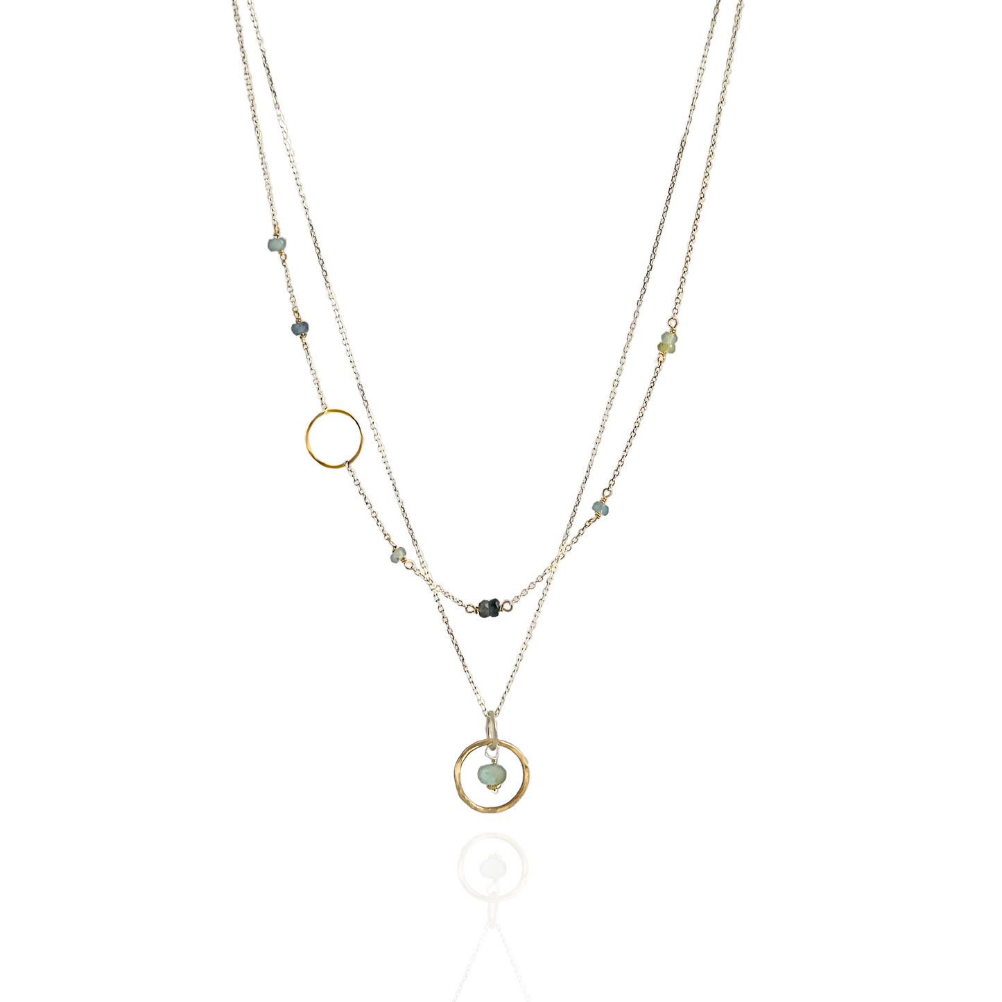 Serene Harmony - Layered Moss Aquamarine Sterling Silver and Gold Hoop Necklace
