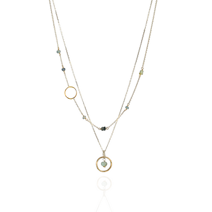 Serene Harmony - Layered Moss Aquamarine Sterling Silver and Gold Hoop Necklace