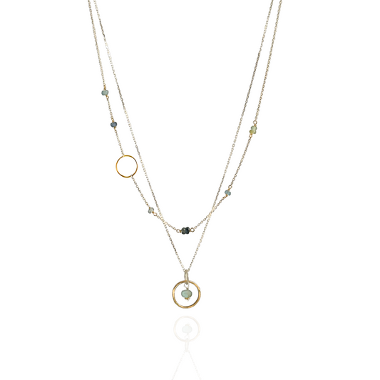 Serene Harmony - Layered Moss Aquamarine Sterling Silver and Gold Hoop Necklace