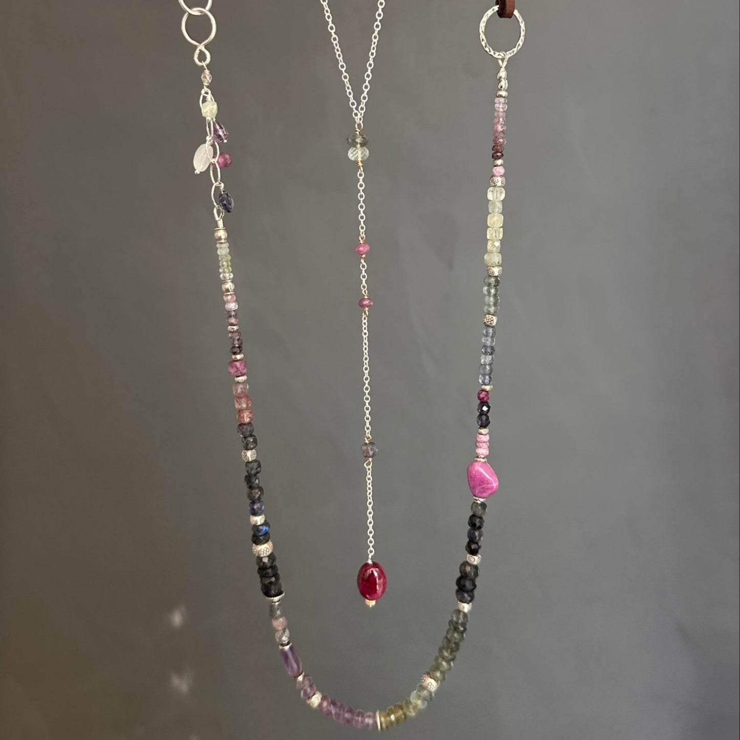 First Light | SS Lariat with Prehnite, Pink & Purple Sapphire, Moss Aquamarine, Iolite & Oval Ruby