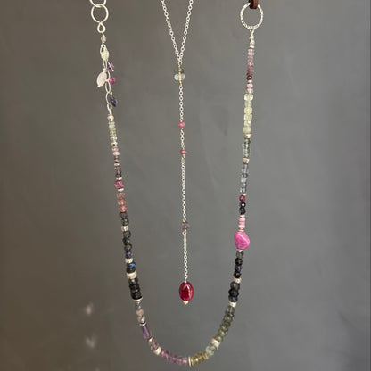 First Light | SS Lariat with Prehnite, Pink & Purple Sapphire, Moss Aquamarine, Iolite & Oval Ruby