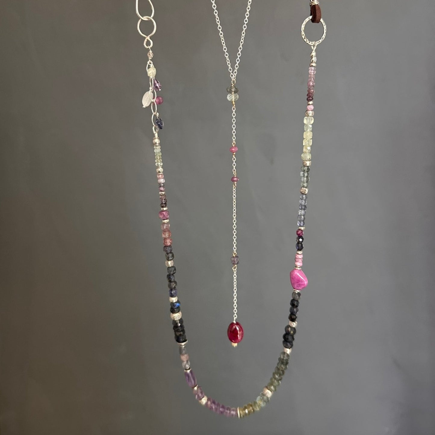 Lavender Field | Boho Leather & SS Iolite, Prehnite, Amethyst, Pink Sapphire & Moss Aquamarine Long Beaded Necklace