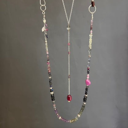 Lavender Field | Boho Leather & SS Iolite, Prehnite, Amethyst, Pink Sapphire & Moss Aquamarine Long Beaded Necklace