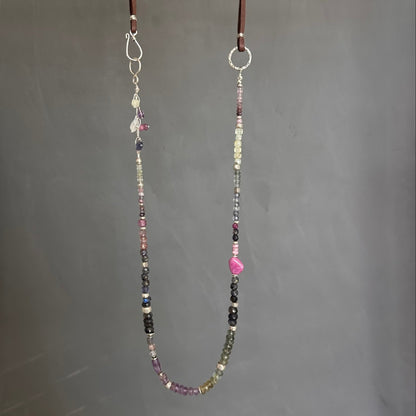 Lavender Field | Boho Leather & SS Iolite, Prehnite, Amethyst, Pink Sapphire & Moss Aquamarine Long Beaded Necklace