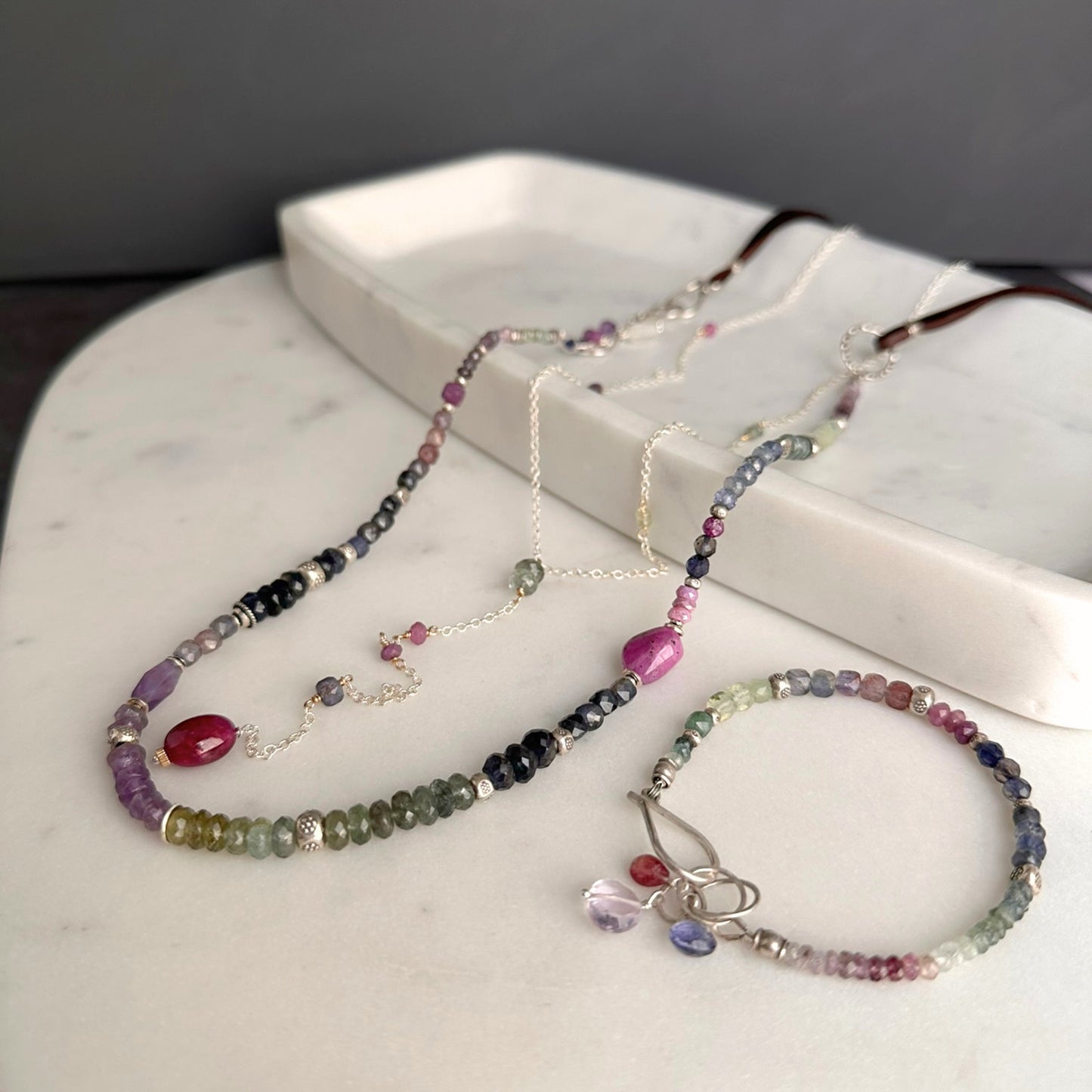 Lavender Field | Boho Leather & SS Iolite, Prehnite, Amethyst, Pink Sapphire & Moss Aquamarine Long Beaded Necklace