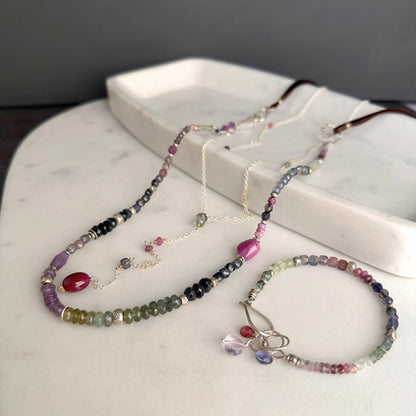 Lavender Field | Boho Leather & SS Iolite, Prehnite, Amethyst, Pink Sapphire & Moss Aquamarine Long Beaded Necklace