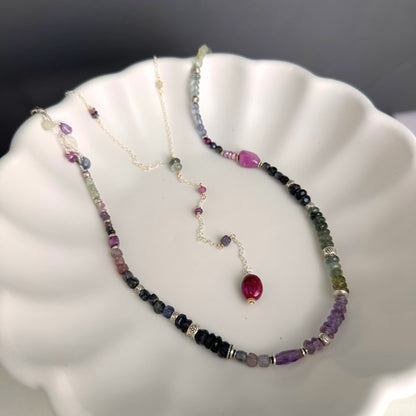 Lavender Field | Boho Leather & SS Iolite, Prehnite, Amethyst, Pink Sapphire & Moss Aquamarine Long Beaded Necklace