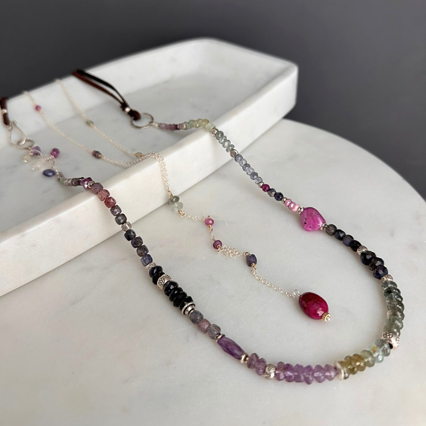 Lavender Field | Boho Leather & SS Iolite, Prehnite, Amethyst, Pink Sapphire & Moss Aquamarine Long Beaded Necklace