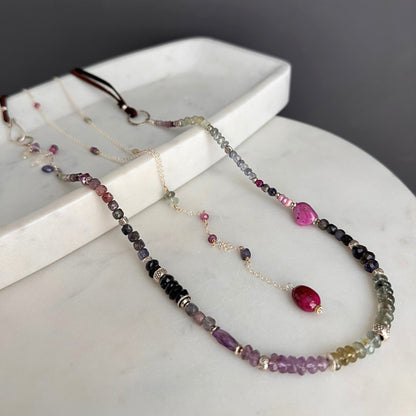 Lavender Field | Boho Leather & SS Iolite, Prehnite, Amethyst, Pink Sapphire & Moss Aquamarine Long Beaded Necklace