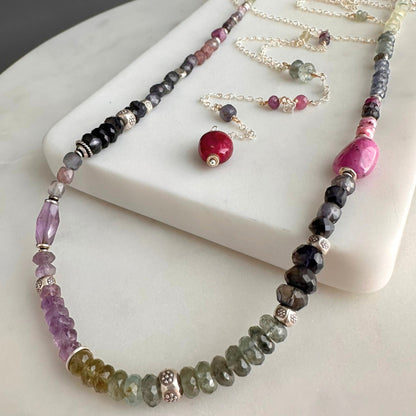 Lavender Field | Boho Leather & SS Iolite, Prehnite, Amethyst, Pink Sapphire & Moss Aquamarine Long Beaded Necklace