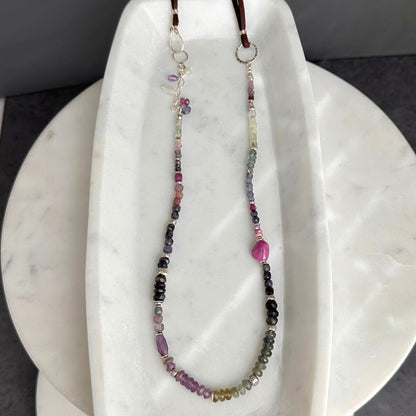 Lavender Field | Boho Leather & SS Iolite, Prehnite, Amethyst, Pink Sapphire & Moss Aquamarine Long Beaded Necklace