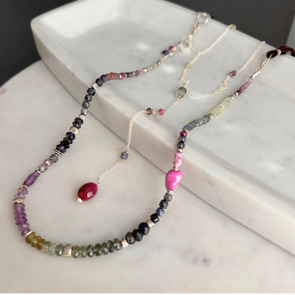 Lavender Field | Boho Leather & SS Iolite, Prehnite, Amethyst, Pink Sapphire & Moss Aquamarine Long Beaded Necklace