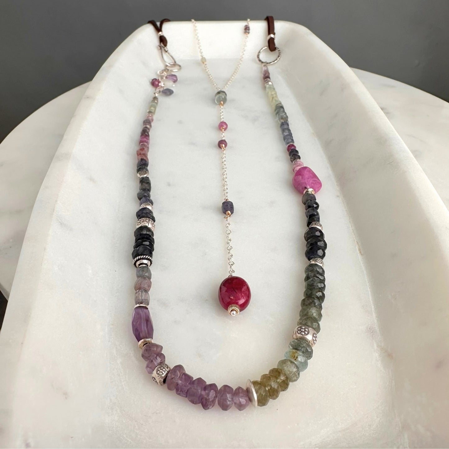 Lavender Field | Boho Leather & SS Iolite, Prehnite, Amethyst, Pink Sapphire & Moss Aquamarine Long Beaded Necklace