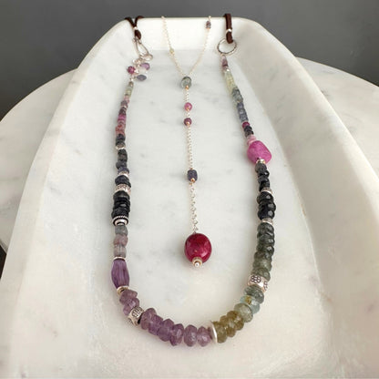 Lavender Field | Boho Leather & SS Iolite, Prehnite, Amethyst, Pink Sapphire & Moss Aquamarine Long Beaded Necklace