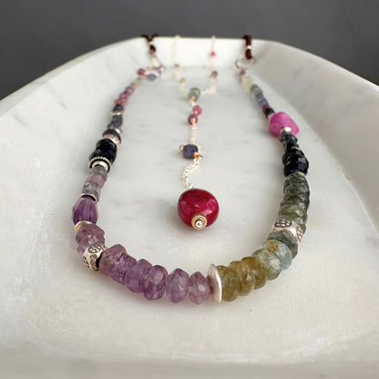 Lavender Field | Boho Leather & SS Iolite, Prehnite, Amethyst, Pink Sapphire & Moss Aquamarine Long Beaded Necklace