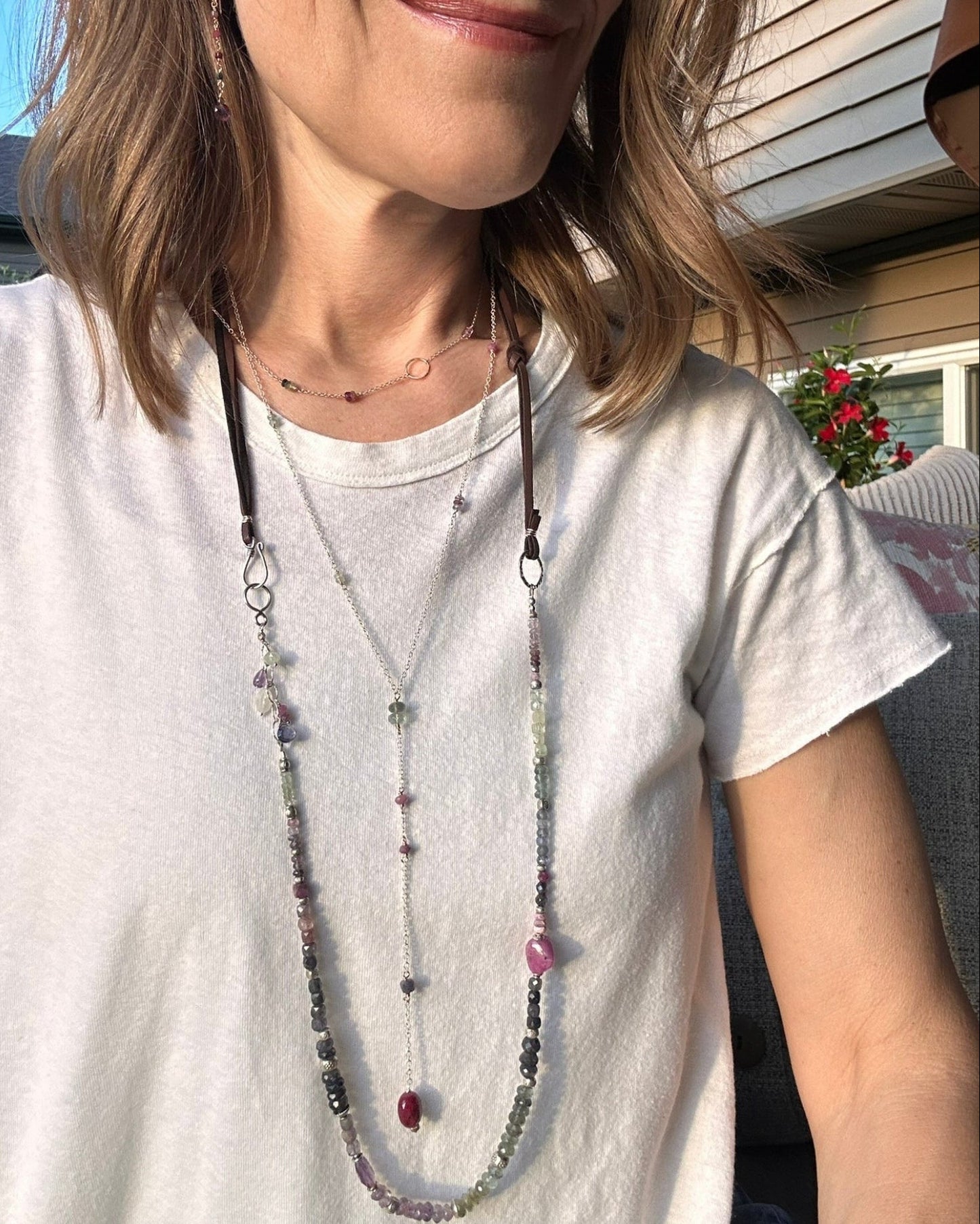 Lavender Field | Boho Leather & SS Iolite, Prehnite, Amethyst, Pink Sapphire & Moss Aquamarine Long Beaded Necklace