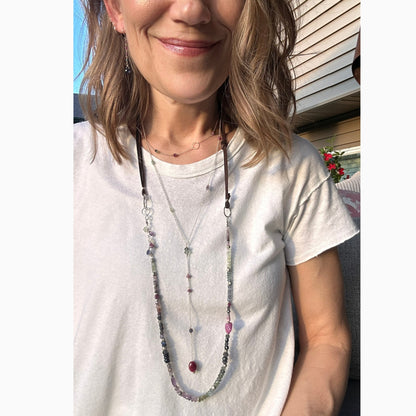Lavender Field | Boho Leather & SS Iolite, Prehnite, Amethyst, Pink Sapphire & Moss Aquamarine Long Beaded Necklace