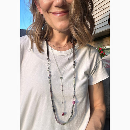 First Light | SS Lariat with Prehnite, Pink & Purple Sapphire, Moss Aquamarine, Iolite & Oval Ruby