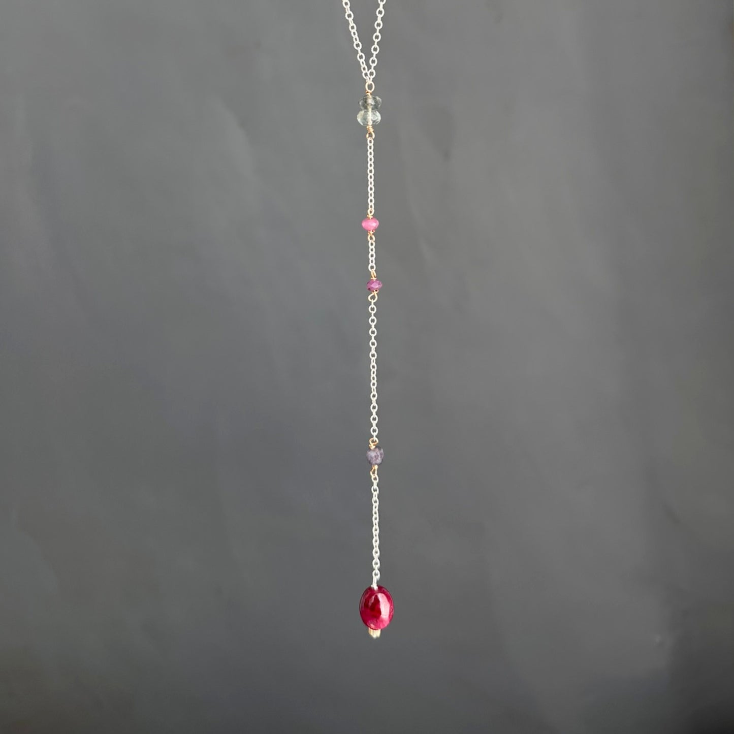 First Light | SS Lariat with Prehnite, Pink & Purple Sapphire, Moss Aquamarine, Iolite & Oval Ruby