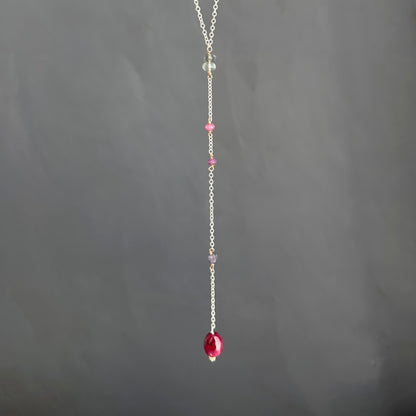 First Light | SS Lariat with Prehnite, Pink & Purple Sapphire, Moss Aquamarine, Iolite & Oval Ruby
