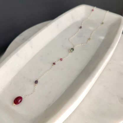 First Light | SS Lariat with Prehnite, Pink & Purple Sapphire, Moss Aquamarine, Iolite & Oval Ruby