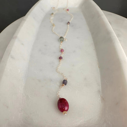 First Light | SS Lariat with Prehnite, Pink & Purple Sapphire, Moss Aquamarine, Iolite & Oval Ruby