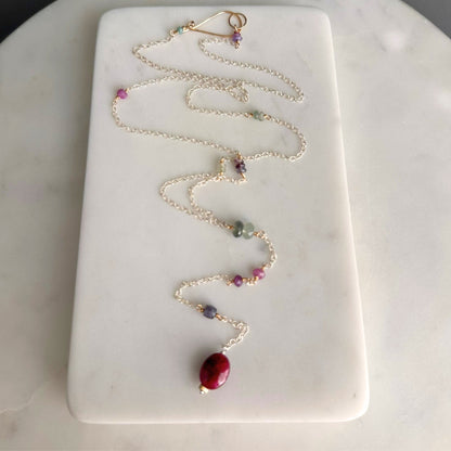 First Light | SS Lariat with Prehnite, Pink & Purple Sapphire, Moss Aquamarine, Iolite & Oval Ruby