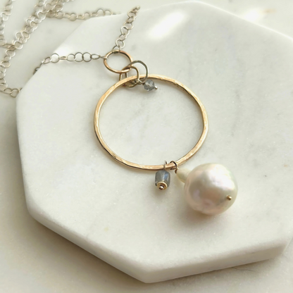 A Drop of Wisdom - Freshwater Pearl and Labradorite Silver and Gold Necklace
