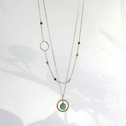 Inspired Serenity - Layered Emerald Sterling Silver and Gold Hoop Necklace
